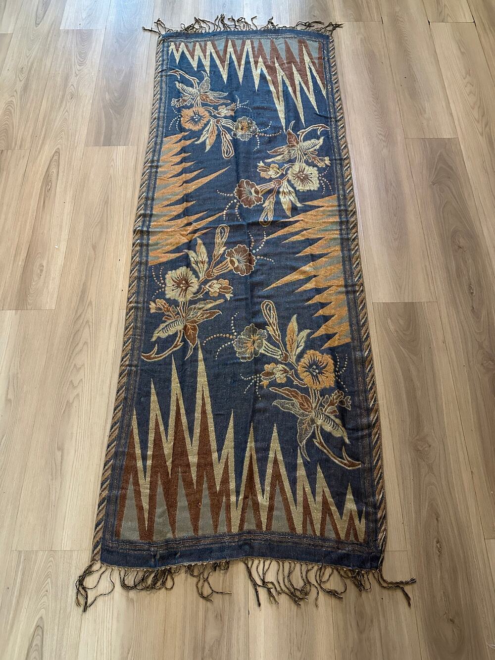 Vintage Indonesian Batik Tulis Selendang Shawl Scarf Blue Metallic Floral Fringe